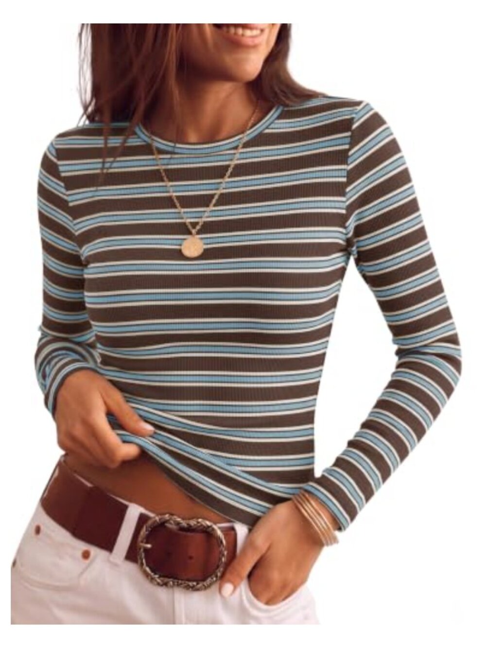 Womens Striped Ribbed Knit Long Sleeve Slim Fit Pullover Top Casual Work